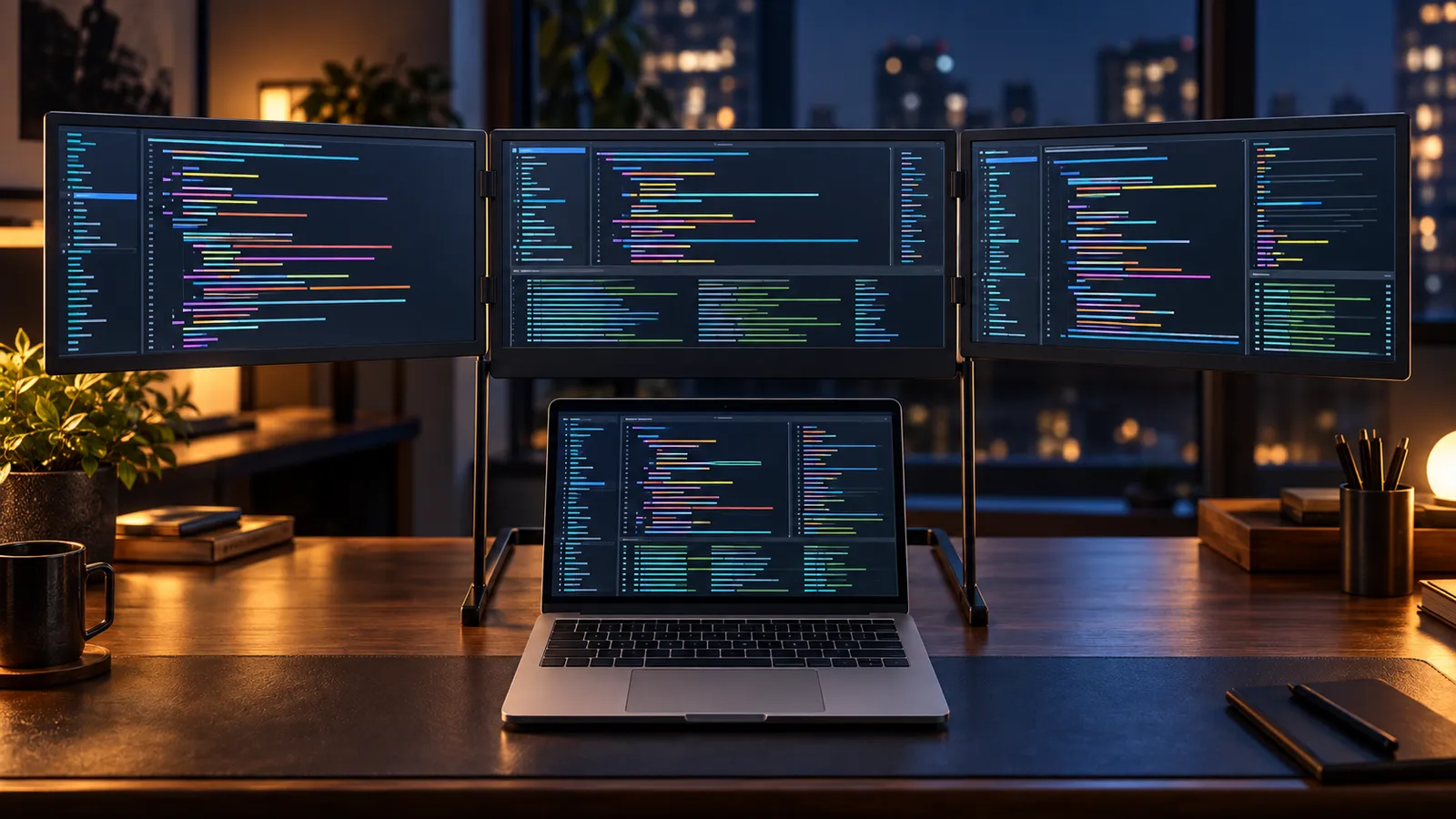 Drei Displays mit Code-Editoren an einem Schreibtisch