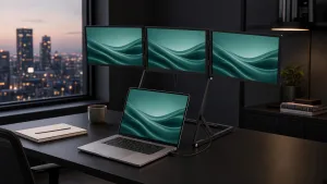 Panelo Flow mit drei 16-Zoll-Displays auf dem Schreibtisch