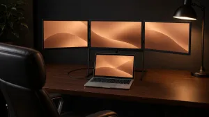 Panelo Studio mit drei 18,5-Zoll-Displays auf dem Schreibtisch