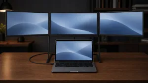 Panelo Core mit Laptop auf einem dunklen Holzschreibtisch, per USB-C-Kabel verbunden