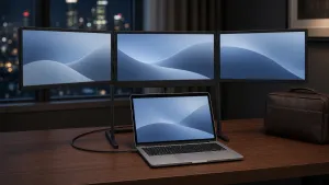 Panelo Core mit Laptop am Abend auf einem Schreibtisch, daneben eine Ledertasche