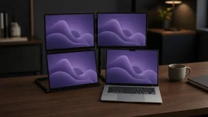 Panelo Fold mit Laptop auf einem dunklen Holzschreibtisch, daneben eine Tasse